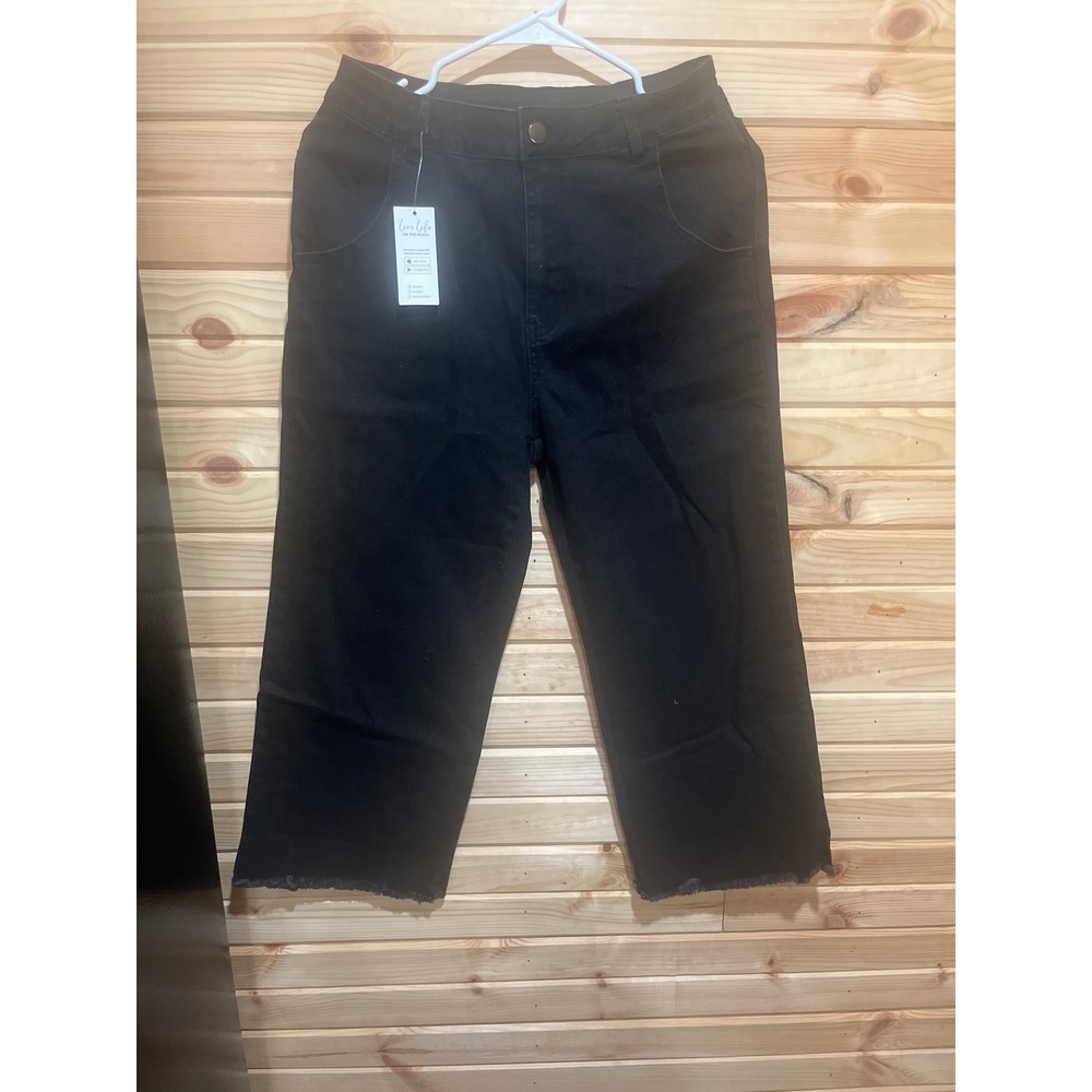 Cupshe Black High Waisted Wide Leg Raw Hem Crop Denim Pants Small CAA02B4J051AA